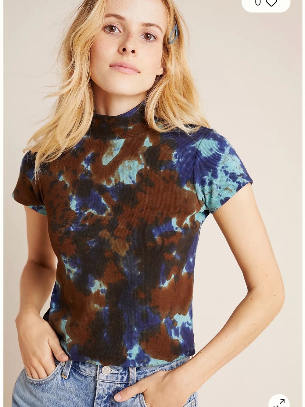 Agolde Brown & Blue Tie-Dye Mock Neck Short Sleeve Top Sz XL